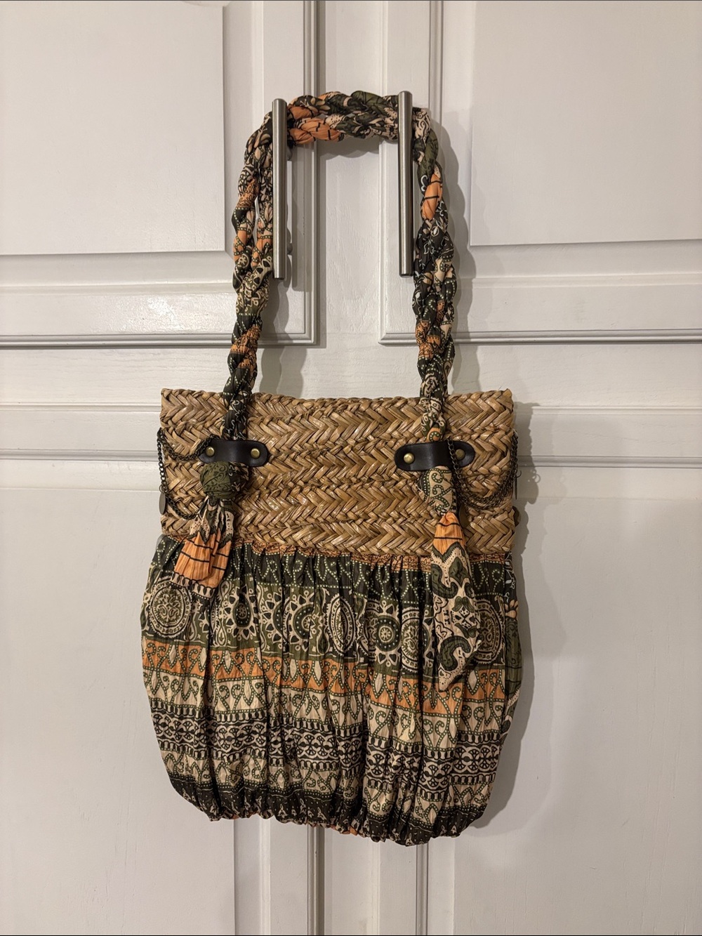 Sun N Sand like new Woven Straw and Olive Green Patterned Handbag - Picture 6 of 9
